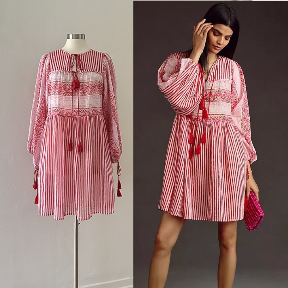 Antik Batik pink stripe Amelie boho mini dress, sz S